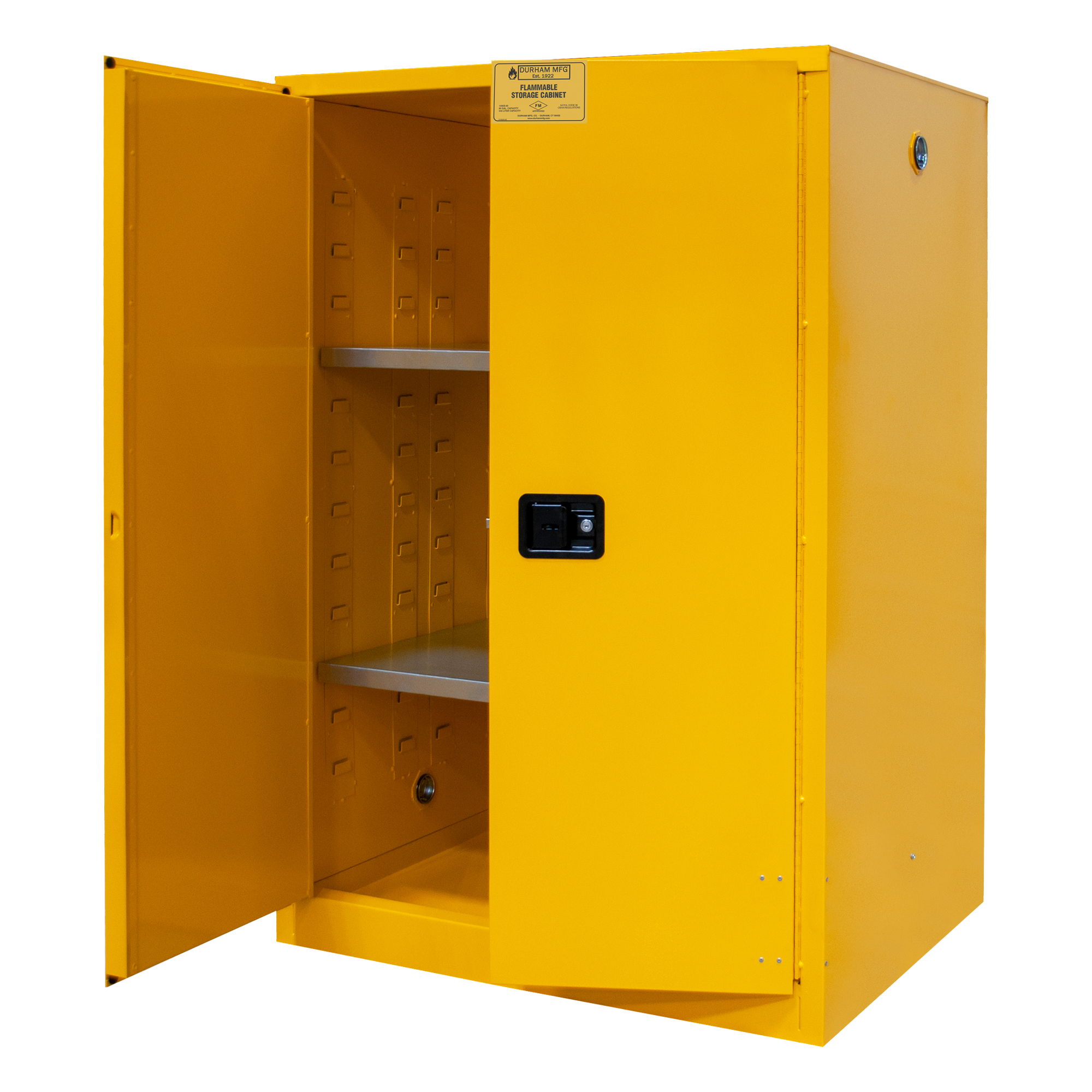 Yellow Powder Coat Finish Durham FM Approved 1060M-50 Welded 16 Gauge Steel Flammable Safety Manual Door Cabinet 2 Shelves 34 Length x 34 Width x 65 Height 60 gallons Capacity 